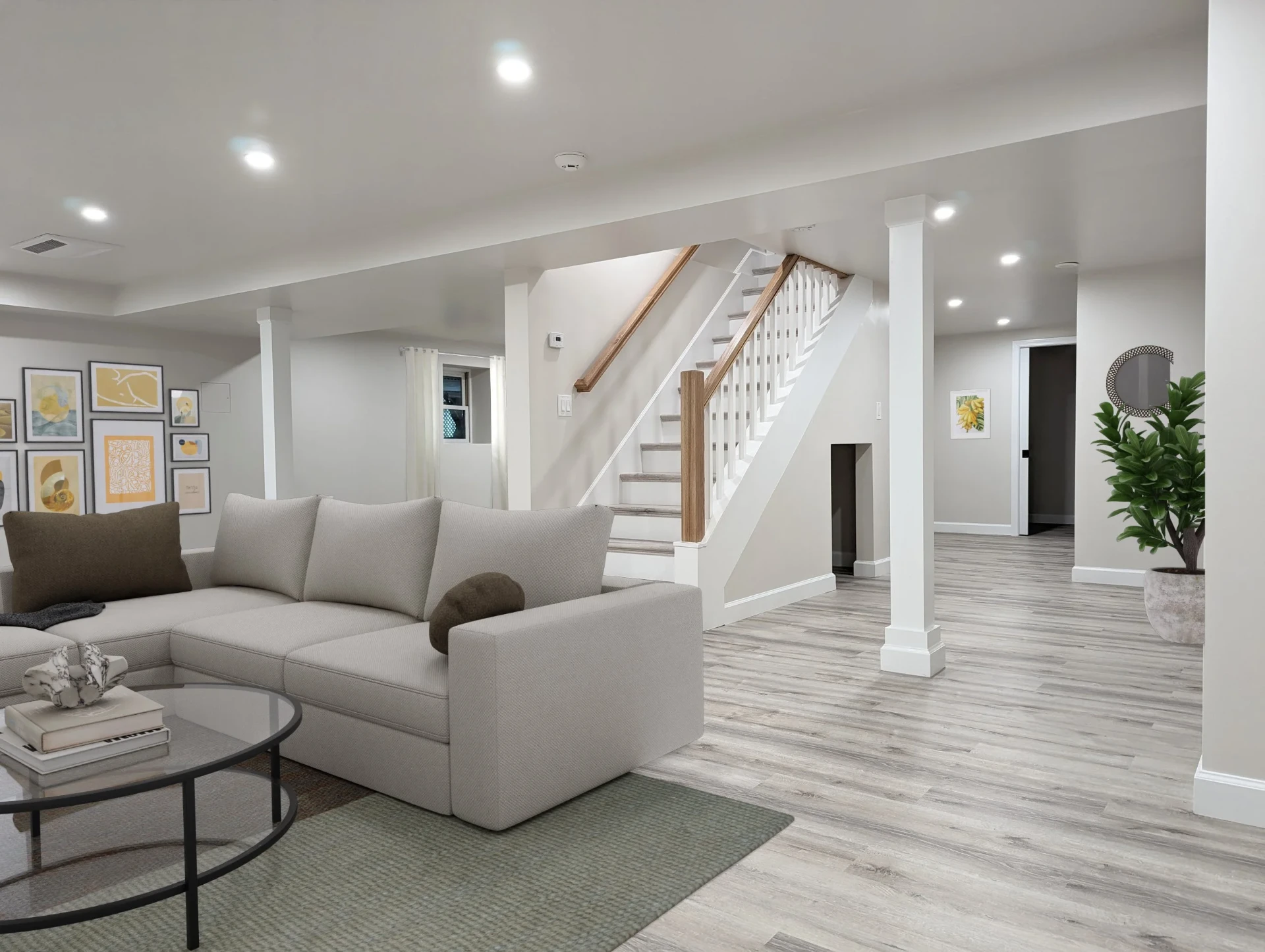 Finished basement with a seating area, wood staircase and light wood floors