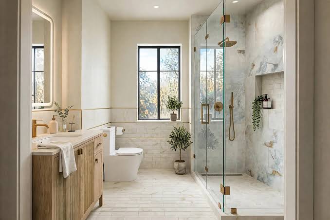 Remodeled bathroom with a light wood vanity, black-framed window and a glass-enclosed marble shower